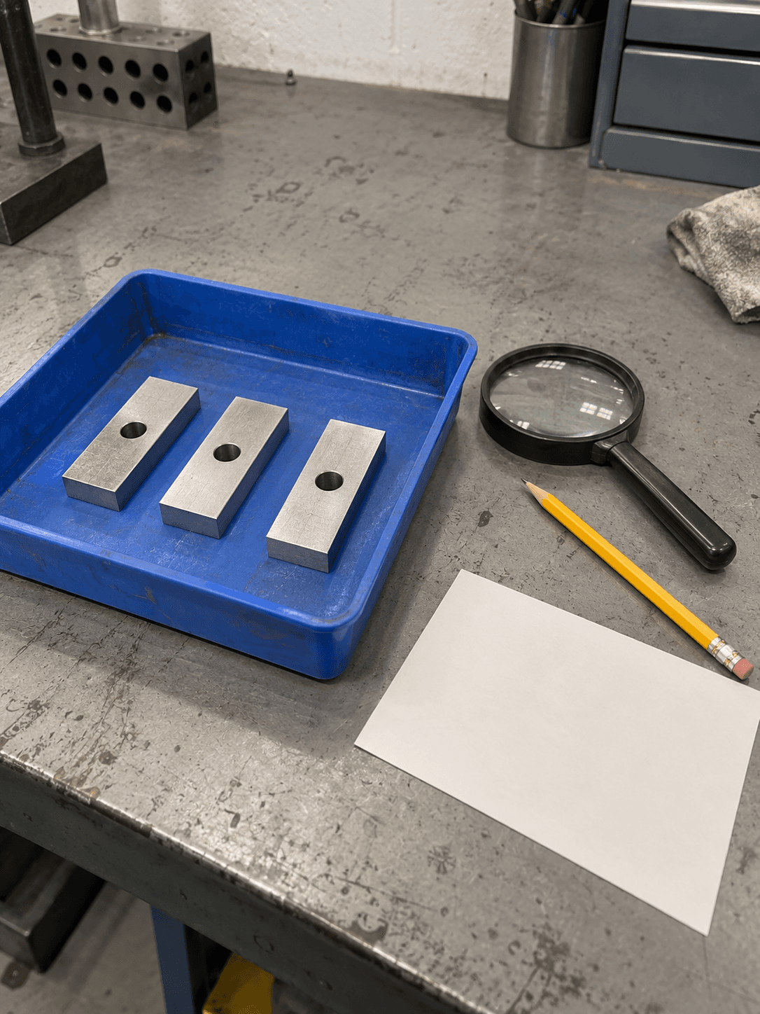 AI illustration of three rectangular single-hole metal coupons in a blue tray beside a magnifying glass, pencil and blank inspection card.