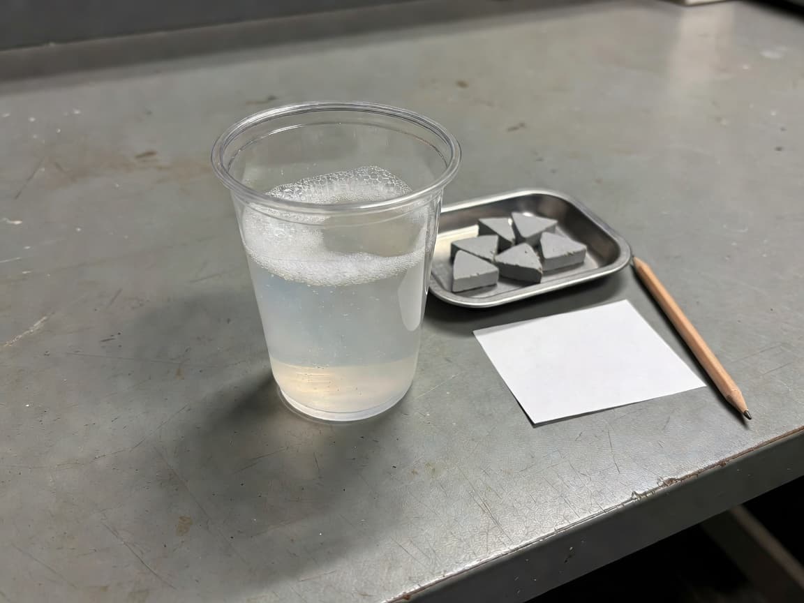 AI illustration of bubbles in an unmarked cup beside generic media, a blank note and pencil on a scratched workshop bench.