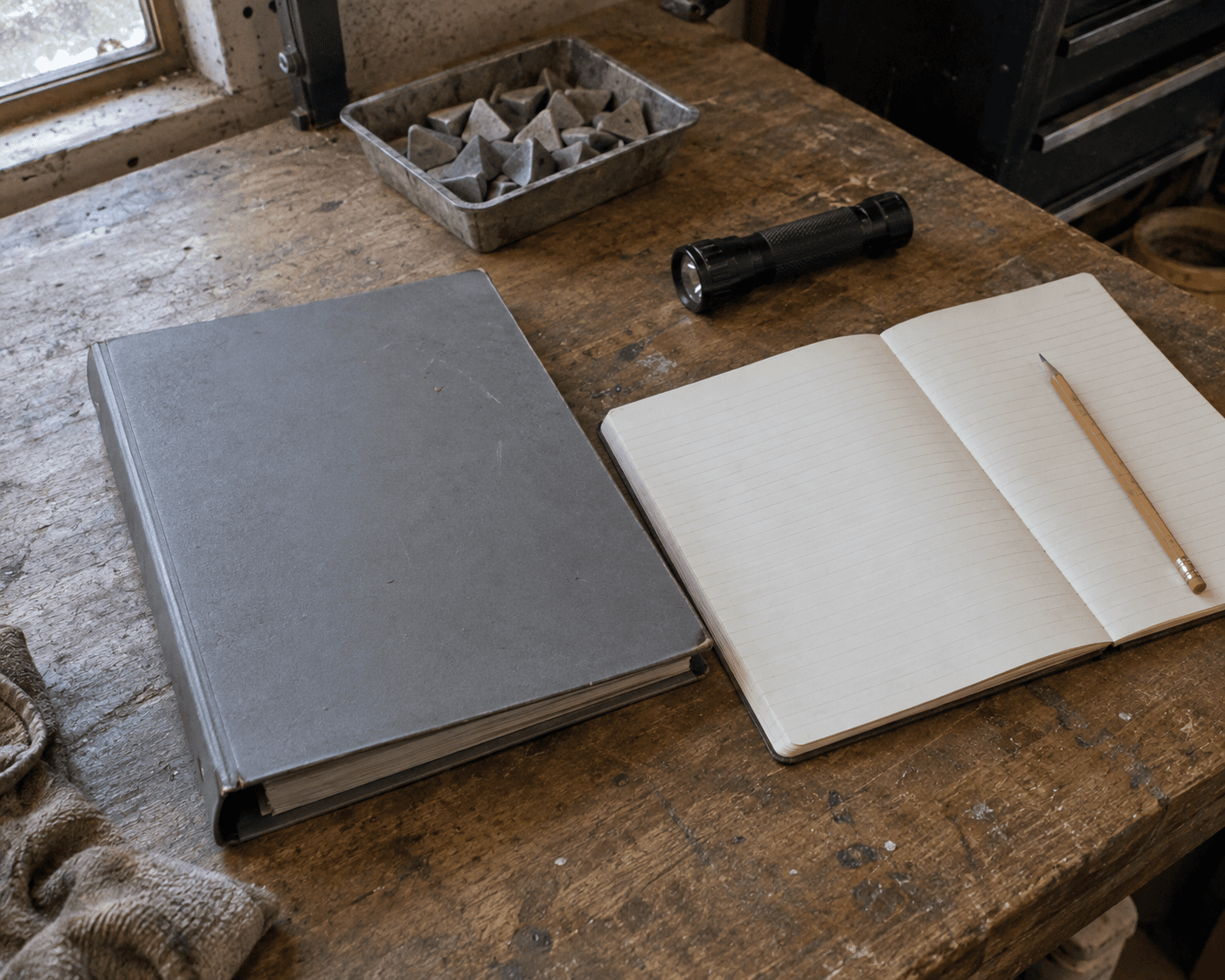 Notebook, binder, pencil and inspection flashlight on a worn workshop bench beside generic finishing media.