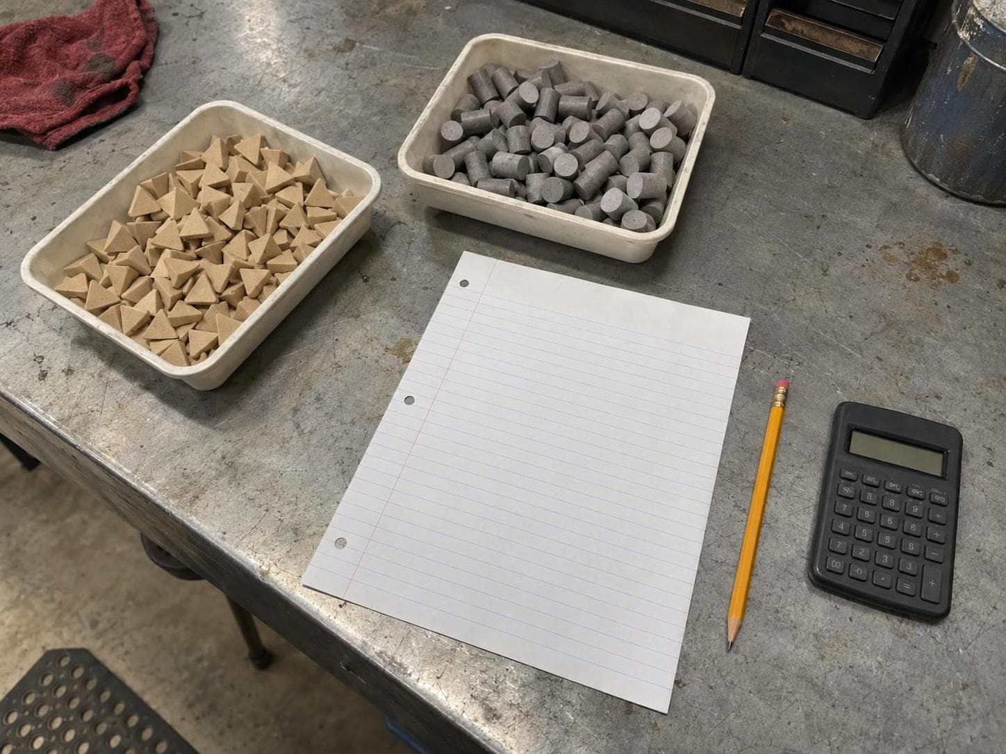 AI illustration of two trays of generic finishing media beside a blank worksheet, pencil and calculator on a workshop bench.