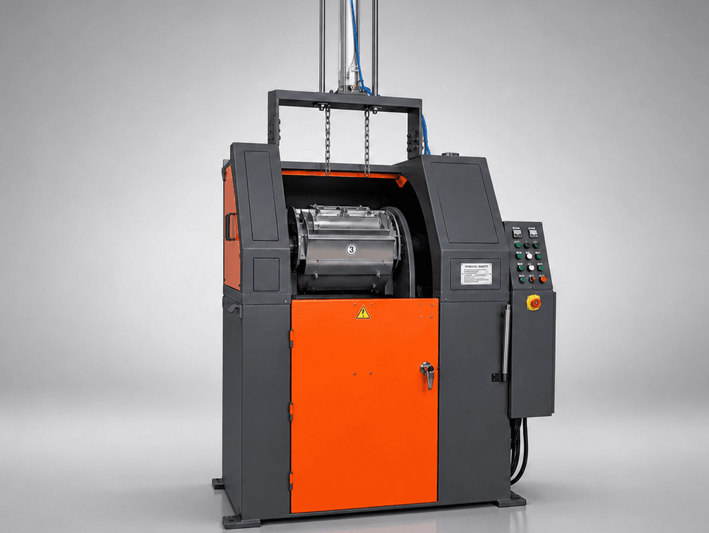 Richwood RW-120 high-energy centrifugal barrel finishing machine, orange and dark grey