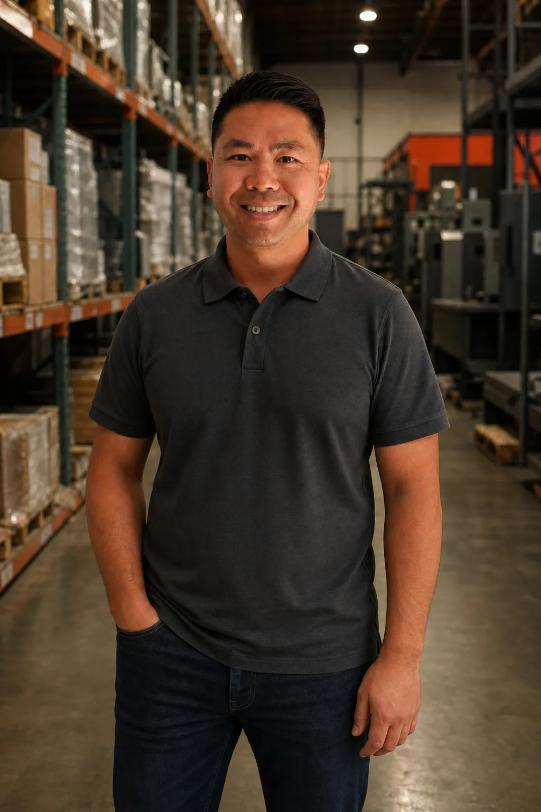 Kevin, owner of Richwood Industries, standing in the Gardena warehouse aisle