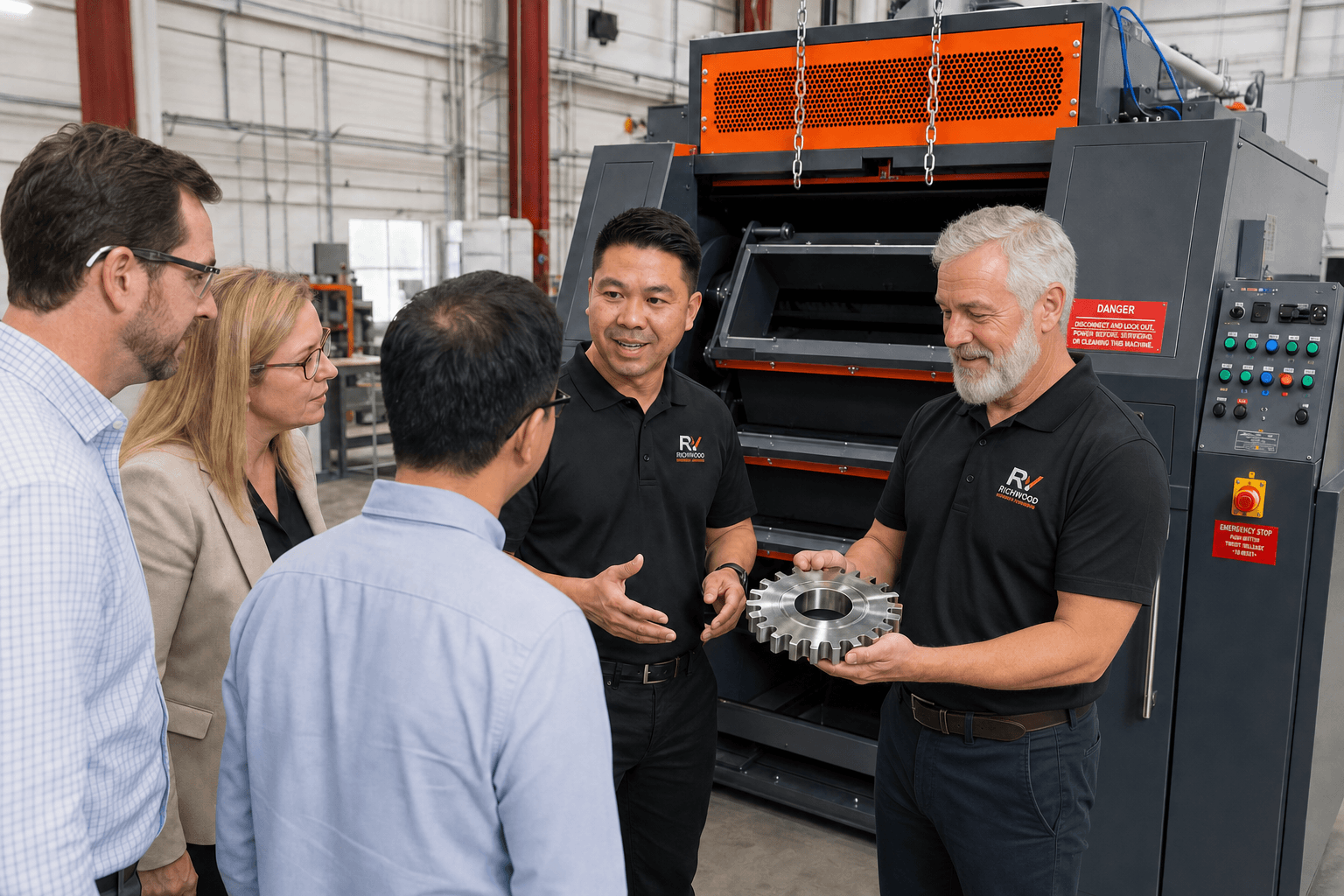 The Richwood team in logo polos walking buyers through a finished gear in front of a centrifugal barrel finishing machine