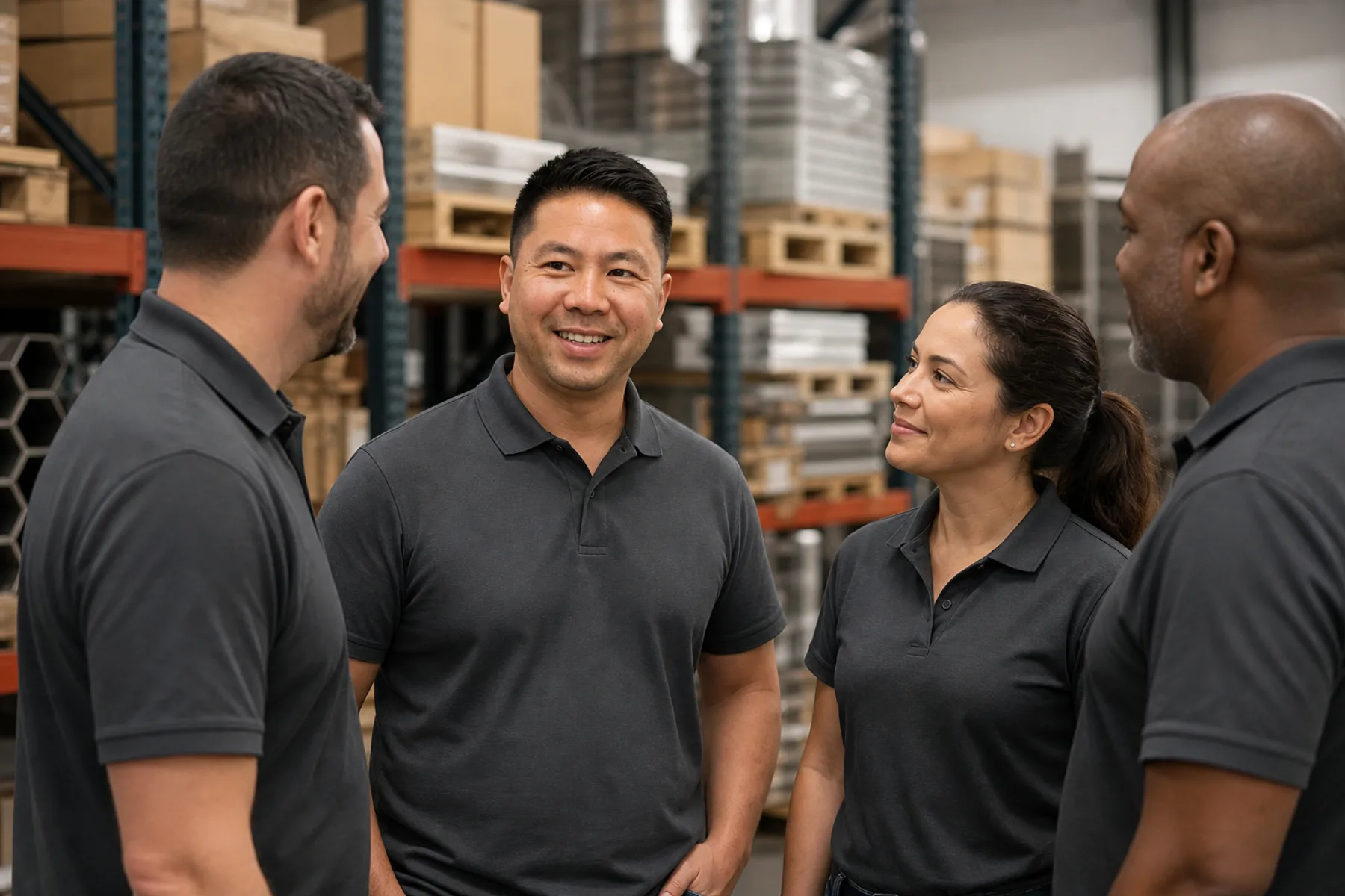 Kevin speaking with three Richwood team members in the warehouse