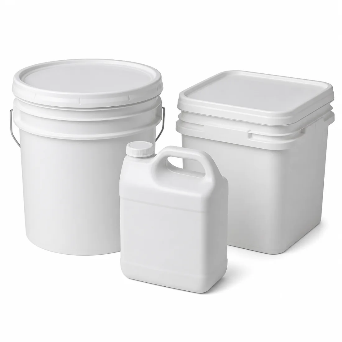 Three unlabeled white plastic containers including a round pail, handled jug, and square pail