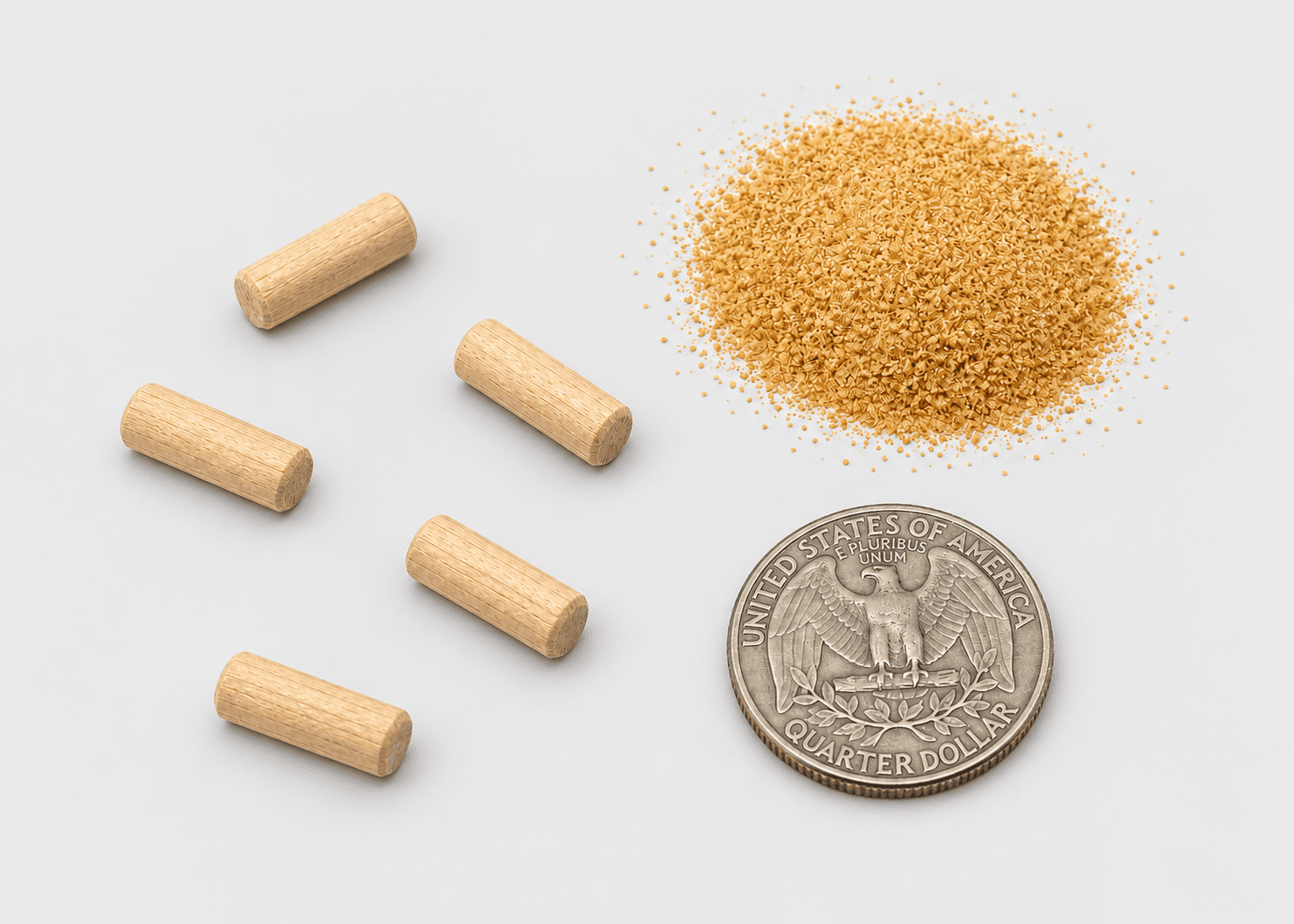 AI-enhanced pale hardwood pegs beside golden corn cob granules and a US quarter