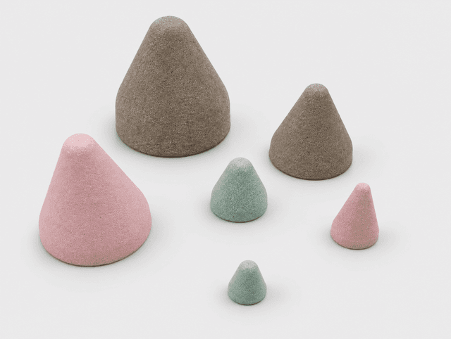 Six rounded-top synthetic finishing cones in taupe, pink and green, AI-enhanced from the Vibra Finish supplier photograph