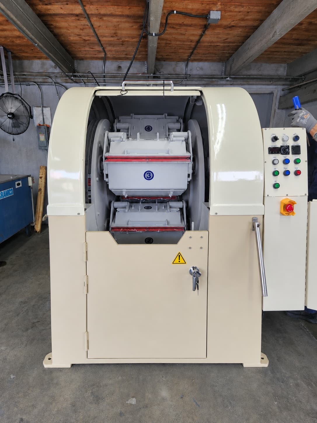 Custom low-profile RW-120 with cream-colored housing, finishing barrels and side-mounted controls beneath the customer's low ceiling