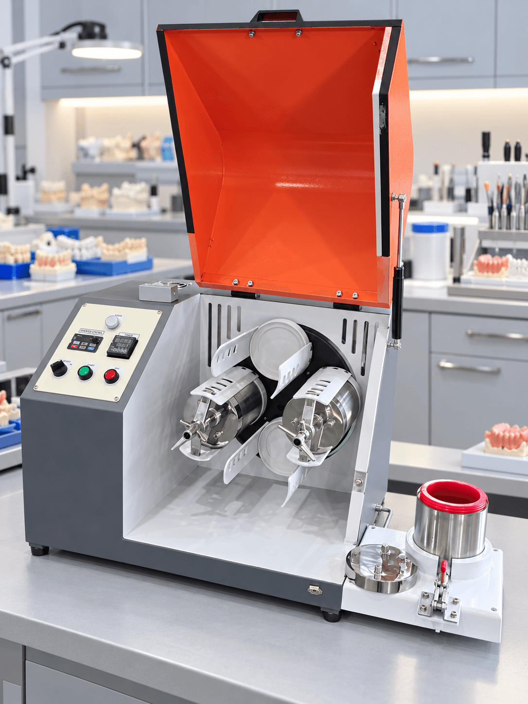 RW-6 with its orange lid open, showing stainless finishing barrels, controls and a removable barrel on a workbench in an illustrative dental prosthetics laboratory