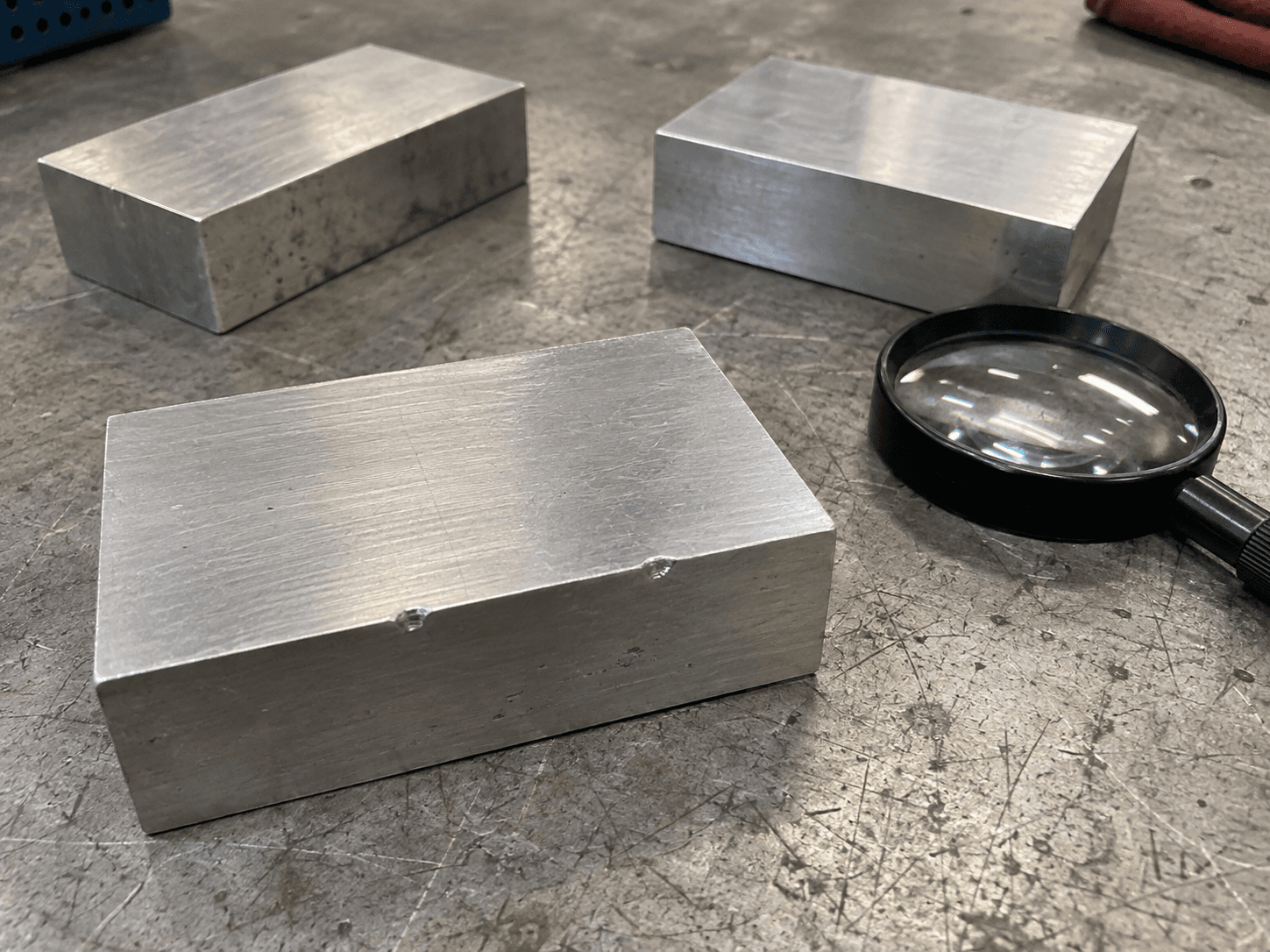 AI illustration of aluminum blocks with small edge dings beside a magnifier on an inspection bench.