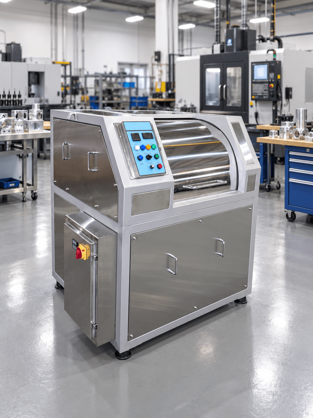 Custom stretched finishing machine with stainless panels and blue controls, shown in an illustrative aerospace job-shop setting