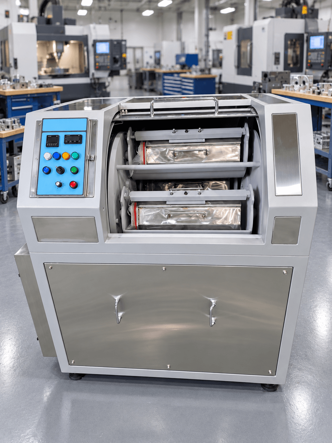 Open custom stretched finishing machine showing long stainless barrels in an illustrative aerospace machining shop