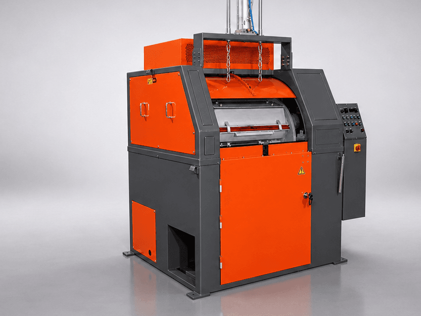 Richwood RW-220 large high-energy four-barrel centrifugal finishing machine, orange and dark grey