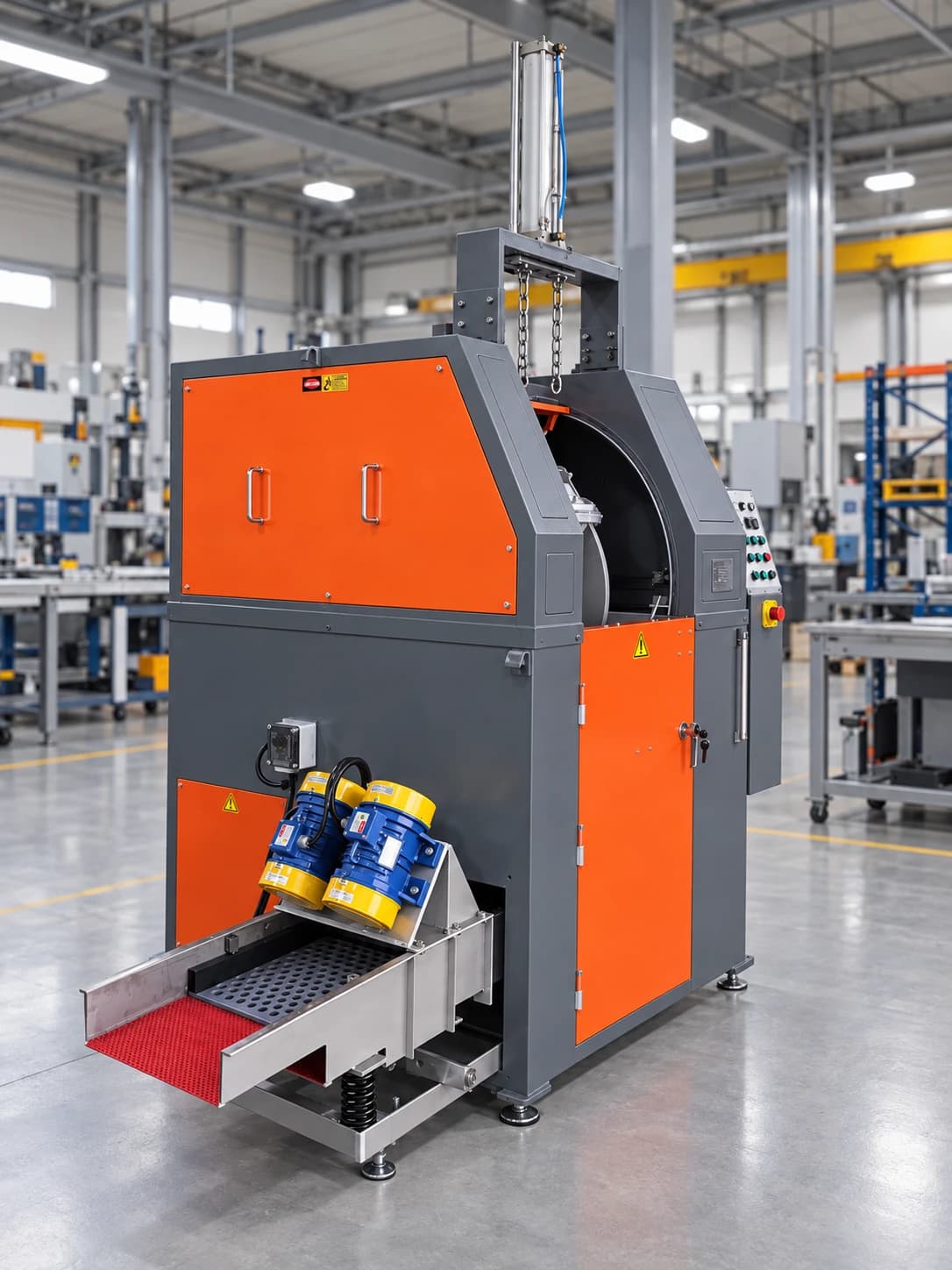 Orange and charcoal-gray machine in a professional manufacturing facility, with the Plug and Play separator inserted into the lower-left opening